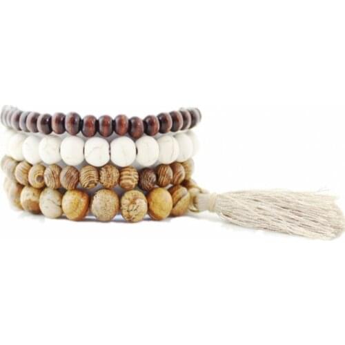 Brown wood & stone beads Multilayer stretch tassel Bracelets & Bangles gift Jewelry