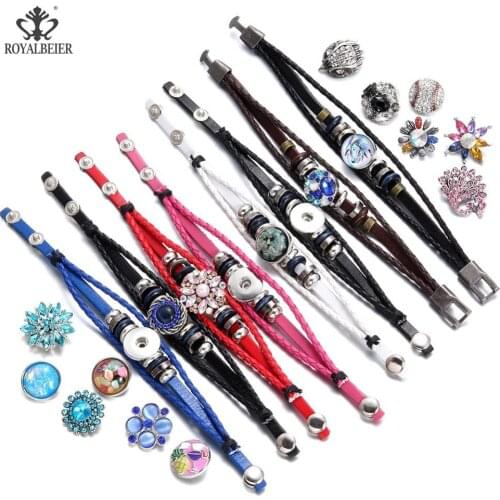 Fashion Charms Genuine Leather Wholesale 18mm Snap Button Bracelet&Bangles 8 Colors High Quality Leather Bracelets For Women