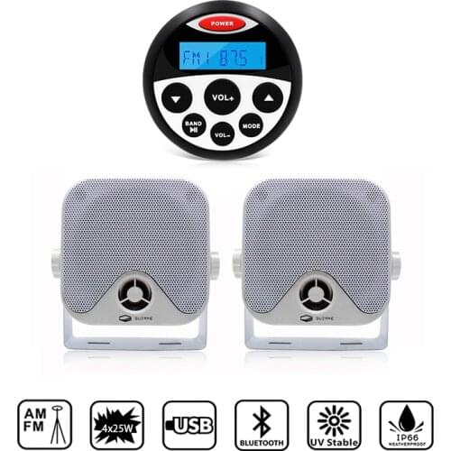 Marine Stereo Bluetooth Boat Radio Audio Receiver FM AM MP3 Player+4inch Waterproof Marine Speaker For ATV Pool Yacht Motorcycle