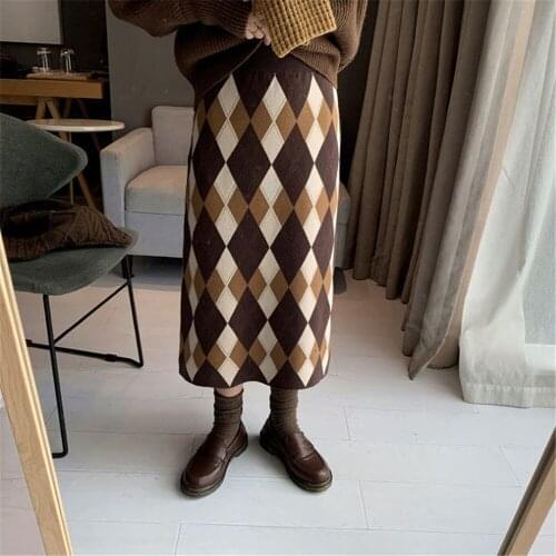 Autumn Winter Plaid WomenS Skirts Korean Style Plaid Knitted Skirt Elegant Office Ladies High Waist A-Line Female Hip Skirt