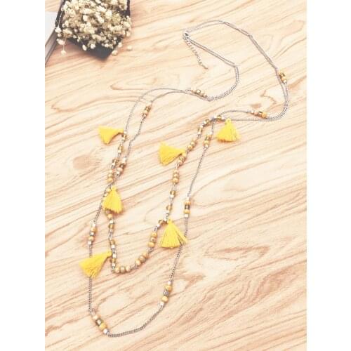 BOHO Double Layer Crystal Beads Chain Necklace Hand Made Tassel Pendant Necklace For Women Summer Jewelry Accessories