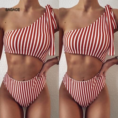 SAGACE New One shoulder stripe Bikini Set Women Summer Split Swimsuit Sexy Bandage Bikini Swimwear Lady 2020 Beach biquini A521