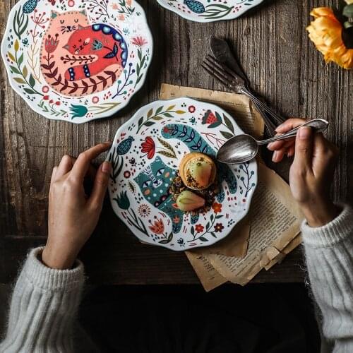 Nordic Creative Cartoon Hand-painted Cat Plate Ceramic Tableware Under-glazed Dessert Dish Microwave 8 Inch Snack Steak Plate
