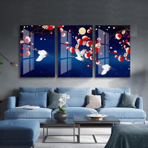 Nordic Flying Crane Plum Blossom Flowers Moon Blue Background Canvas Painting Wall Art Poster HD Print Picture Living Room Decor