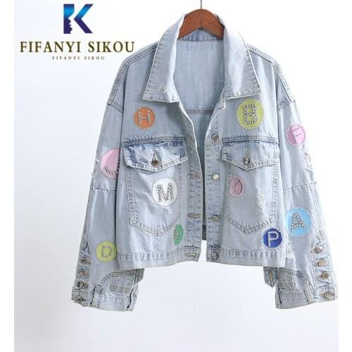 Light blue Denim Jacket Women Short Coat Fashion Letter Diamonds Ripped Jeans Jacket Female 2020 Spring Autumn Loose Jeans Coat