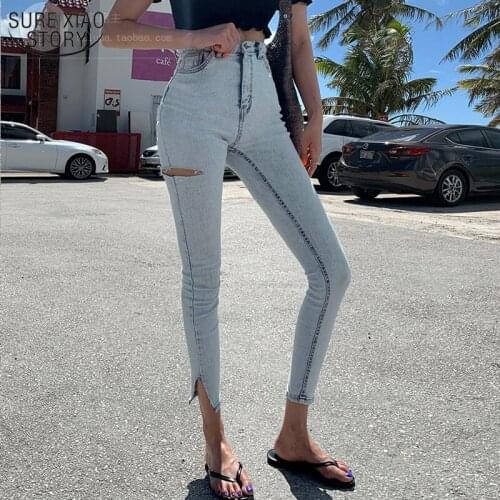 2021 Women Trousers Women Jeans Pants Streetwear Light Blue High Waist Stretch Skinny Split Ripped Hole Pencil Jeans 10397