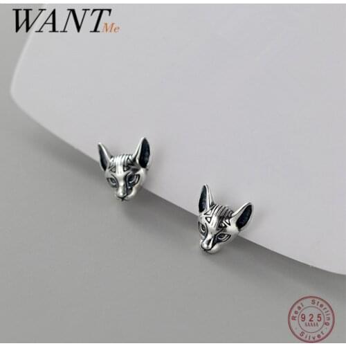 WANTME 925 Sterling Silver Vintage Classic Thai Silver Cat Head Stud Earrings Women Punk Rock Gothic Mens Jewelry Accessories