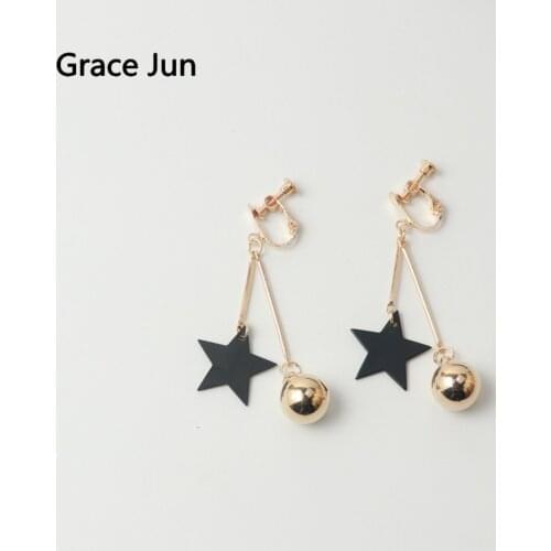 Grace Jun Vintage Black Star Clip on Earrings Without Pierced for Women Fashion Luxury Gold Color Bead No Ear Hole Earrings New