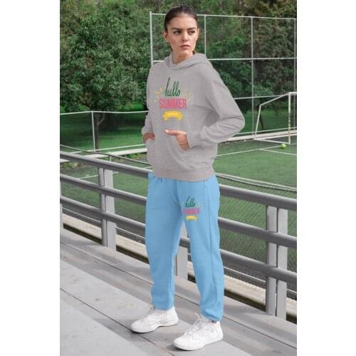 Angemiel Wear Hello Summer Women Tracksuit Set Gray Hooded Sweatshirt Blue Sweatpants