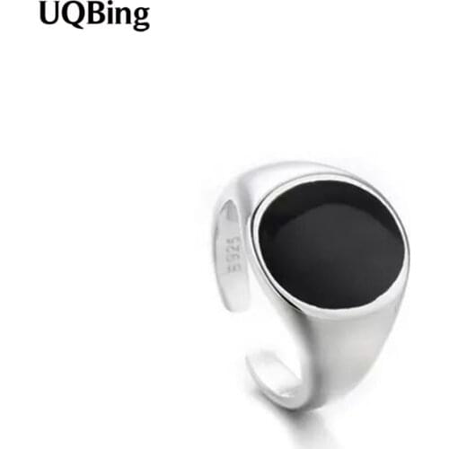 Retro Glossy Round Black Enamel Rings For Women 925 Sterling Silver Birthday Gifts Jewelry
