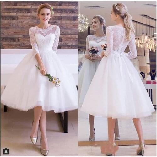 Pretty Lace Tulle Short Wedding Dress 3/4 Long Sleeves Beach Bridal Gowns 2021 Elegant White Vintage Knee Length Bride Dresses