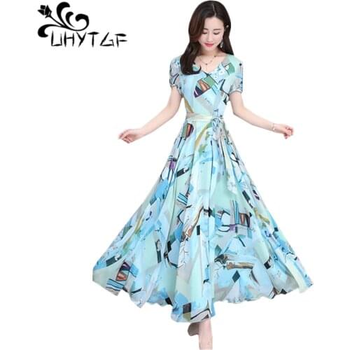 UHYTGF Womens summer dress fashion print chiffon Beach long dress O neck pullover big swing Bandage dress female Plus size 1423