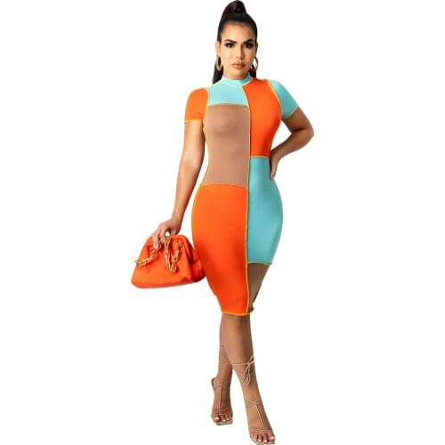 Women Dresses Summer 2021 Short Sleeve Color Matching Fashion Slim Clothes for Women Casual Elegance Party Club Bodycon Dress