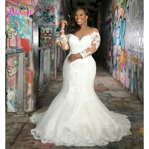 Long Sleeves Plus Size Mermaid Wedding Dress V-Neck Lace Appliques Wedding Gowns Custom Made