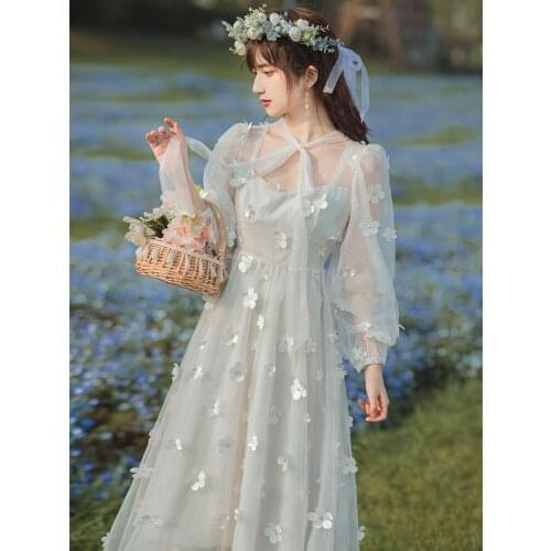 Ladies White Dress Party Robe Femme Bowknot Tie Square Neck Elegant Romantic Three-dimensional Flower Sequined Sweet Fairy Dress