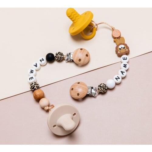 1pc Baby Pacifier Chain Personalized Leopard Beads Wooden Clip Teether Cartoon Animal Holder Chain Rodent Baby Teether Bpa Free