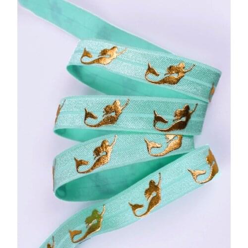 5/8" foe, gold foil mermaid printed fold over elastic 314 Aqua 5/8" foe elastic 100yards/lot wholesale