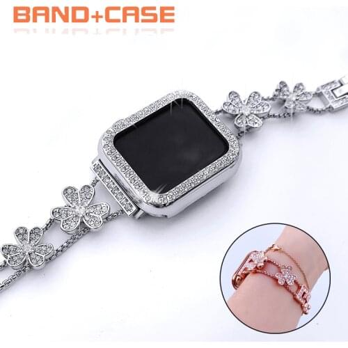 Diamond Stainless Steel Strap +Case for Apple Watch Band 42mm 38mm Women Wristband Bracelet for IWatch 40mm 44mm Series 6 SE 5 4