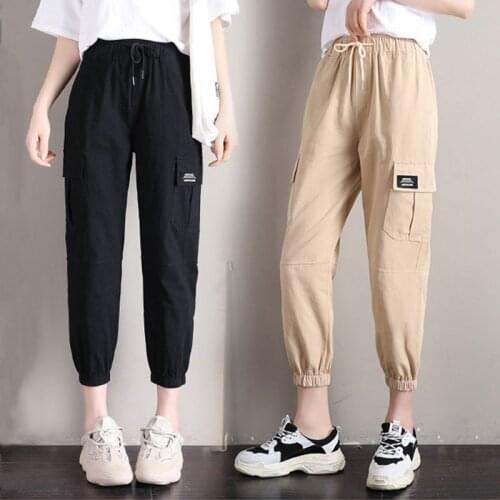 Women Pants High Waist Lace Up Cargo Pant Solid Big Pockets Loose Trouser Hip Hop Streetwear New Fashion Sweatpants