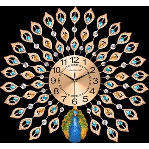 Home Decoration Peacock Wall Clocks Large 3D Diamond Crystal Luxury Quartz Modern Home Living Room Decor Silent Mute Clock Wall