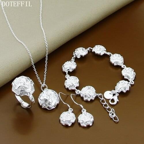 DOTEFFIL 925 Sterling Silver Rose Flower Necklace Bracelet Earring Ring Set For Woman Wedding Engagement Fashion Charm Jewelry