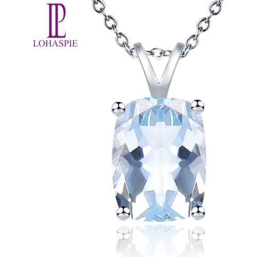 LP Stone Jewelry Natural Gemstone Aquamarine Solid 14K White Gold Pendant For Girls Womens Birthday Gift W/ Silver Chain