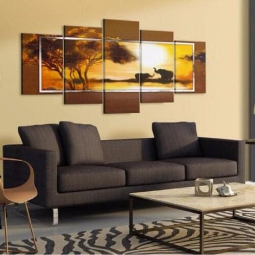 Fashion Wall Art Canvas Painting 5 Pieces African Animal Landscape Oil Painting Elephant Giraffe Modern Home Decoration NO Frame