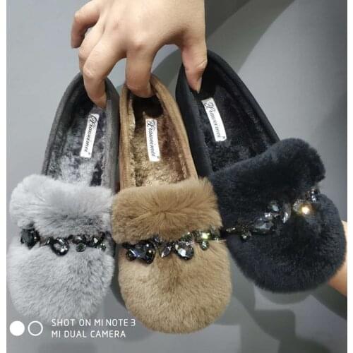 Korean Glitter creeper mujer fluffy fur crystal plush cotton pea boat shoe ladies cozy fashion soft sole moccasin winter slip-on