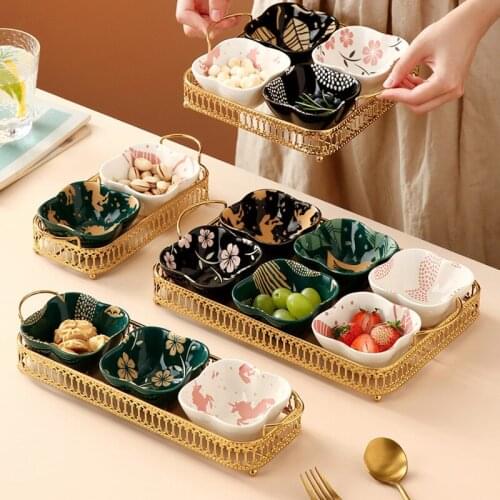 Nordic Creative Divided Snack Plate Platter Household Dried Fruit Ceramic Plate with Iron Frame Fruit Snack Divided Plate