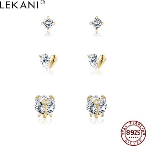 LEKANI Real Sterling Silver 925 Jewelry Cute Piggy Heart Earrings For Women Dazzling CZ Small Stud Earring Anniversary Gift