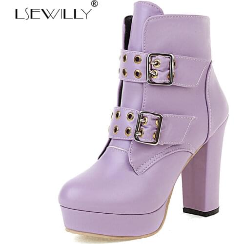 Lsewilly Round Hole Belt-Breasted Autumn Winter Chelsea Boots Chunky High Heel Platform Ankle Boots Womens Casual Short Boots