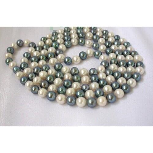 Vogue popular long 50" 9mm round white peacock black freshwater pearls necklace