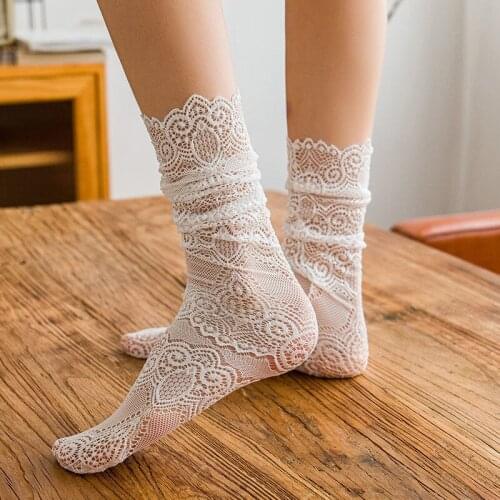 Lace Socks Retro Slouch Nylon Black White Grey Long Fashion Socks Female Sexy Mesh Lolita Spring Summer Japan Style 2 Pairs