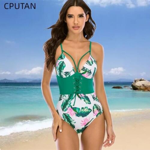 CPUTAN 2021 New Abdomen Control Wasit Push Up Swimsuit Print Swimwear Vintage Retro Bathing Suits Bodysuit Beach Wear Backless