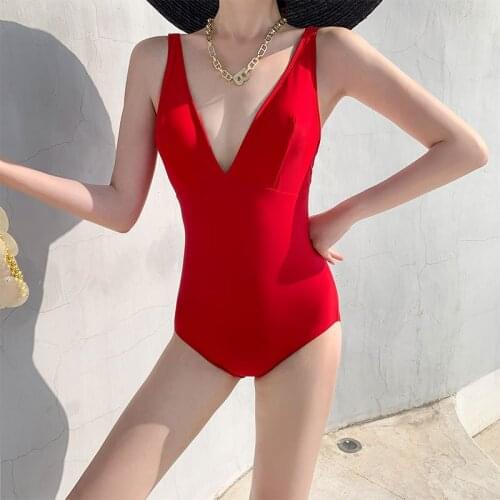 2021 New Sexy One-piece Swimsuits Deep V Solid Swimwear Push Up Body Bathing Suit Pool Beach Womens Swimming Suit