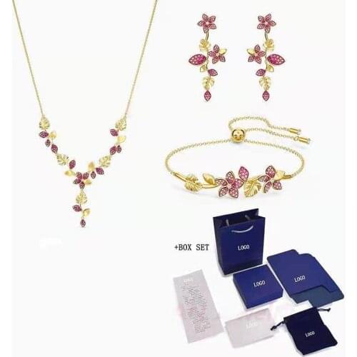SWA Necklace Bracelet Earrings New Tropical Flower Necklace Set Pink Leaf Flower Decoration Women Jewelry Gift Free Shipping