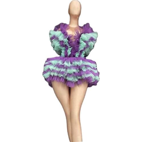 Purple Latin Dance Layered Dress Ruffle Bodycon Pleated Dress Women Party Nightclub DJ Model Catwalk Singer Show Actor Outfits
