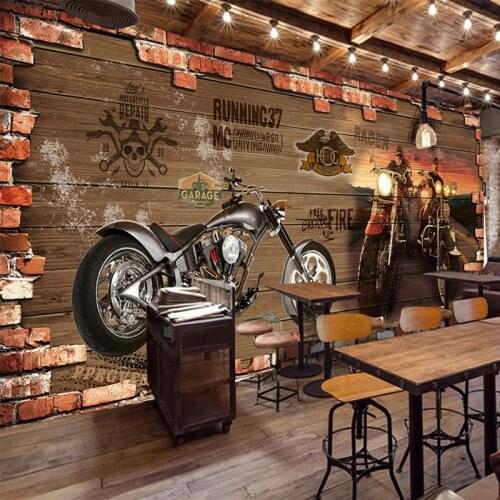 Custom Any Size Wall Cloth Retro Motorcycle Brick Wallpaper Restaurant Cafe Living Room Wall Mural Modern Creative 3D Wall Paper