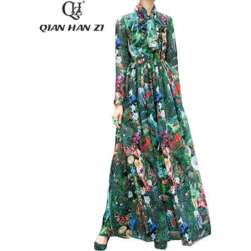 Qian Han Zi 2020 fashion Summer long dress Womens long sleeve bow scarf amazing Pattern printing Green elegant beach Maxi dress