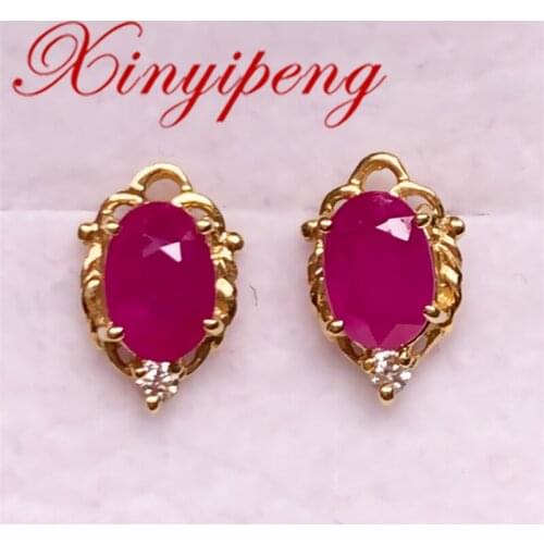 Xin Yipeng Real 18K Yellow Gold Inlaid Natural Ruby Earrings Fine Gemstone Jewelry Wedding Engagement Gifts for Women