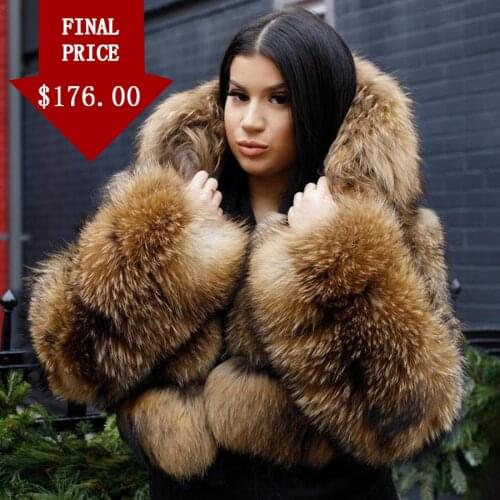 Hooded Fur Coat Women Winter Warm Fashion Thick Raccoon Fur Jacket Plus Fashion Overcoat