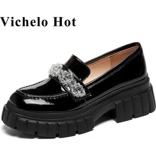 Vichelo Hot cow patent leather bright round toe high heels European style beauty lady daily wear breathable cozy women pumps L36