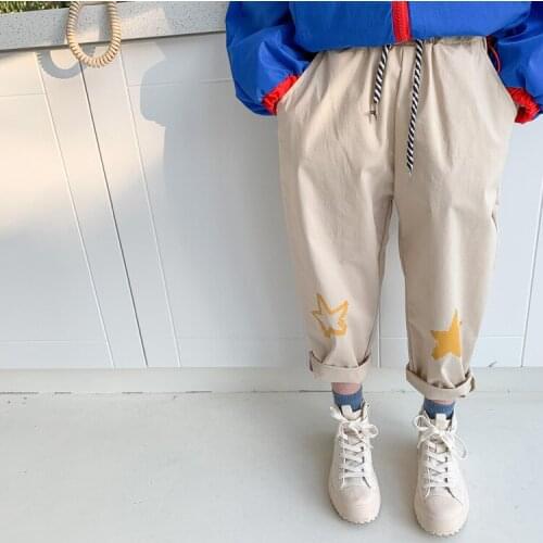 Spring New Childrens Pants 2021 Korean Cotton Casual Boys Trousers Fashion Star Embroidery Pants for Baby Girls Kids Trousers