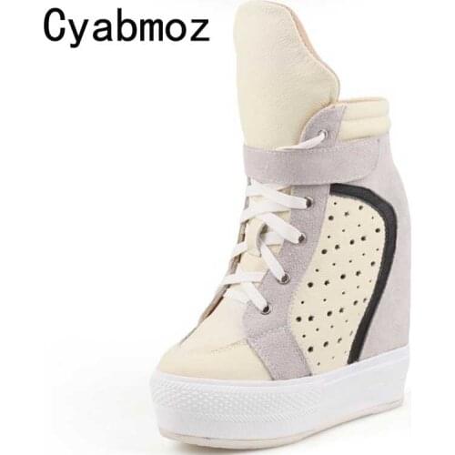 Women ultra high platform height increasing 14cm wedges high heels thick bottom lace up casual shoes high top boots elevator