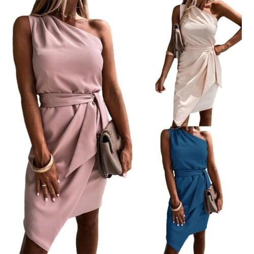 Women Knee-length Dress Sleeveless Bodycon One Shoulder Solid Color Belt Dress Streetwear for Spring/Summer