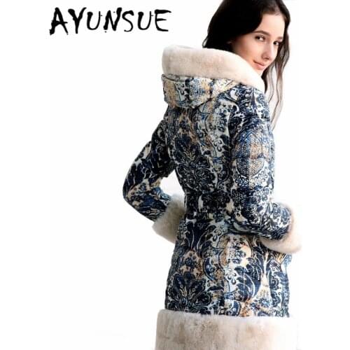 AYUNSUE Real Rex Rabbit Fur Hooded Womens Winter Down Jacket Woman Coat Female Floral Thick Warm Duck Down Parkas Abrigos 8677