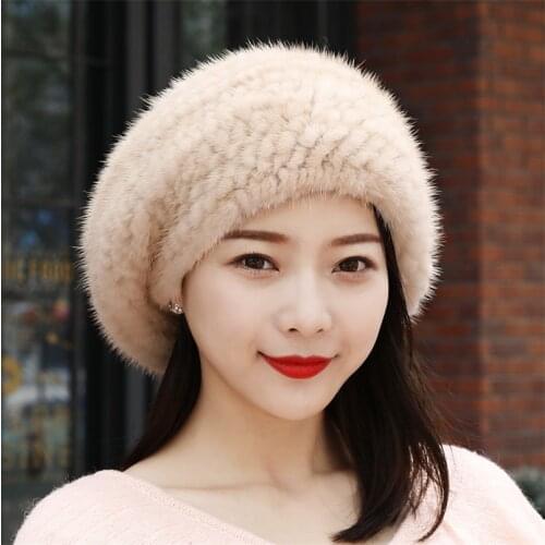 Real mink fur berets elegant womens winter caps new design fashion fur hats knitted warm H89