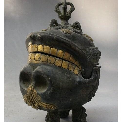 Free Shipping Tibet Bronze Gild Phurba Skeleton Skull Head 3 Leg Statue Incense Burner Censer