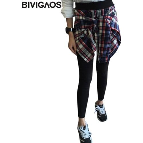 BIVIGAOS Korean Womens Cotton Casual Fake Two Piece Plaid Shirt Leggings Gothic Bottom Skirt Pants Workout Leggings Women