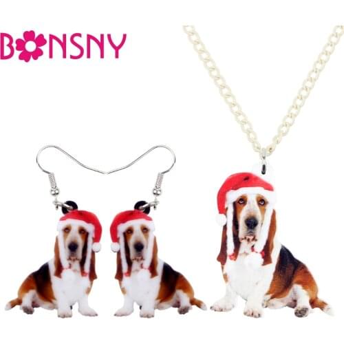 Bonsny Acrylic Sweet Christmas Basset Hound Dog Earrings Necklace Jewelry Sets For Women Girls Teens Kid Festival Gift Wholesale